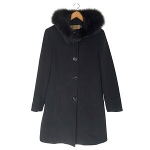 Sachi Collection Black Wool Cashmere Blend Coat with Fox Fur Hood Trim Size 8